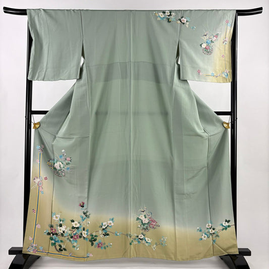 訪問服 身長164cm 袖長66cm M 雙層 花籠 鼓 染分 漸層 淺綠 純蠶絲 優品級