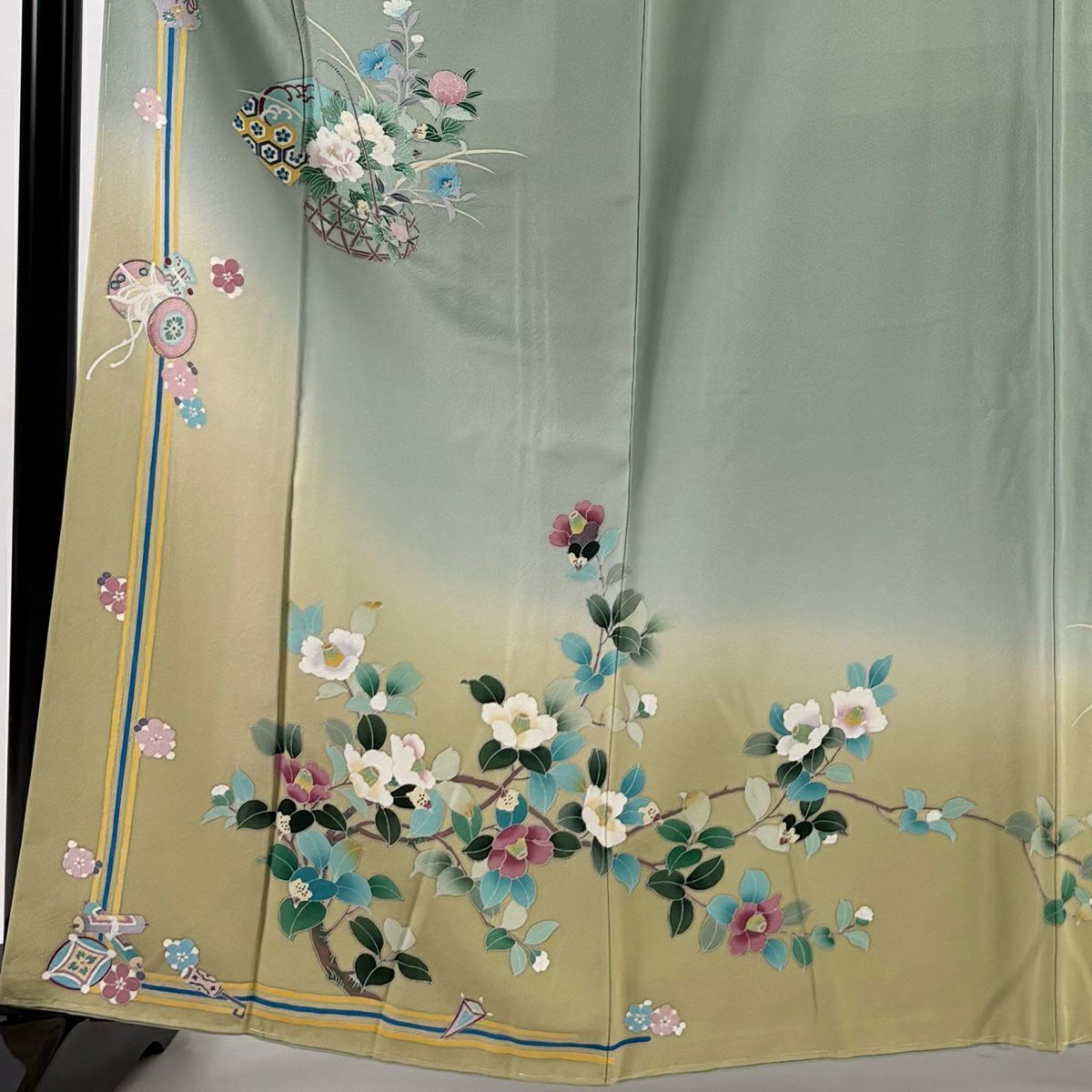 訪問服 身長164cm 袖長66cm M 雙層 花籠 鼓 染分 漸層 淺綠 純蠶絲 優品級