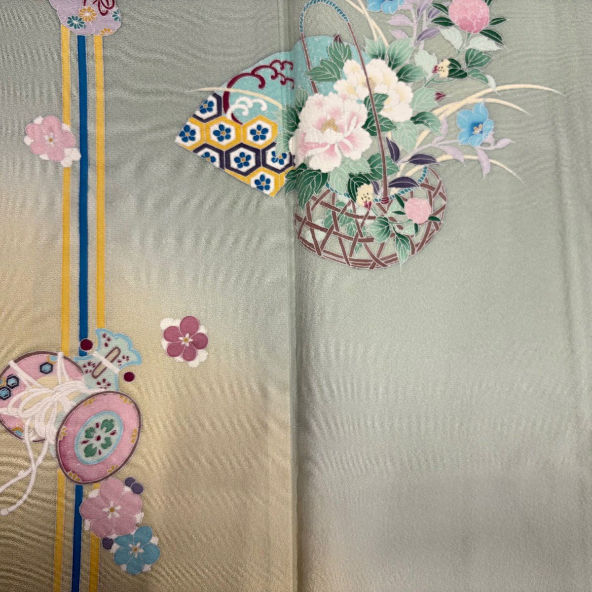 訪問服 身長164cm 袖長66cm M 雙層 花籠 鼓 染分 漸層 淺綠 純蠶絲 優品級