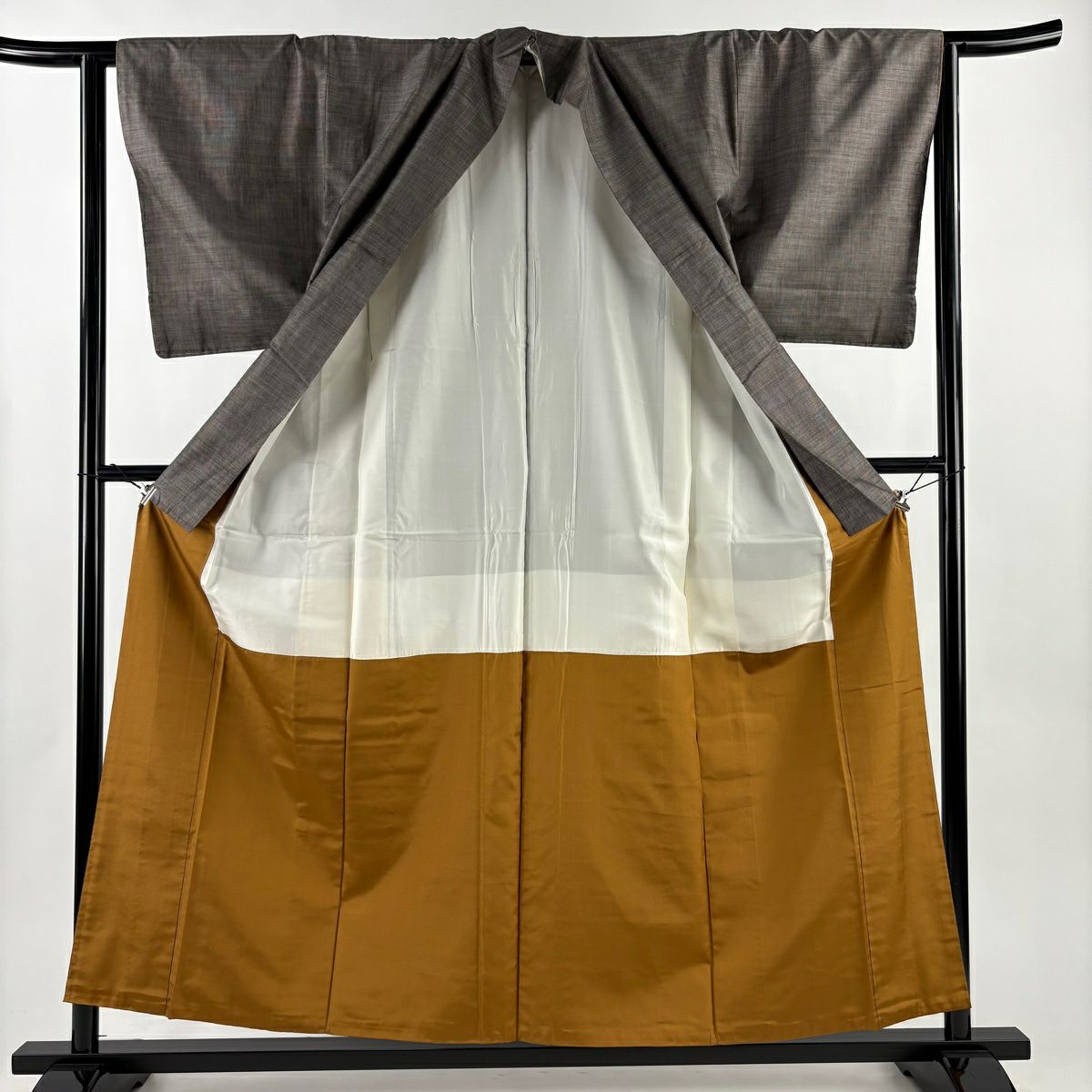 【美品】 紬織 身長156.5cm 袖長63cm S 雙層 縞 灰茶 純蠶絲 秀品級