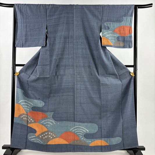 付下 身長163.5cm 袖長64.5cm M 雙層 紬織織 ヱ霞 青海波 絞染 青灰色 純蠶絲 秀品級