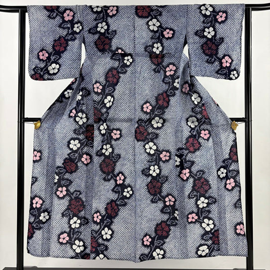 浴衣 身長151cm 袖長62cm S 絞染浴衣 草花紋 深藍 純棉 名品級