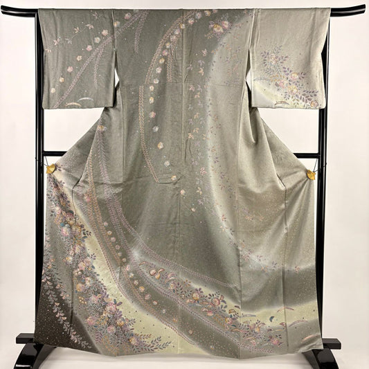 訪問服 身長163.5cm 袖長66cm M 雙層 辻花染 金彩裝飾 漸層 灰綠 純蠶絲 名品級