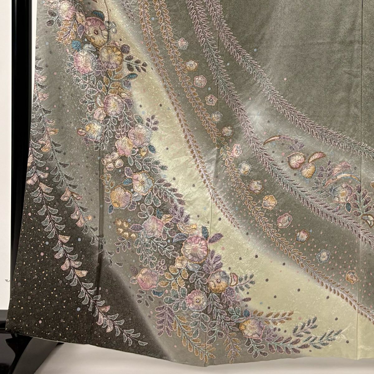 訪問服 身長163.5cm 袖長66cm M 雙層 辻花染 金彩裝飾 漸層 灰綠 純蠶絲 名品級
