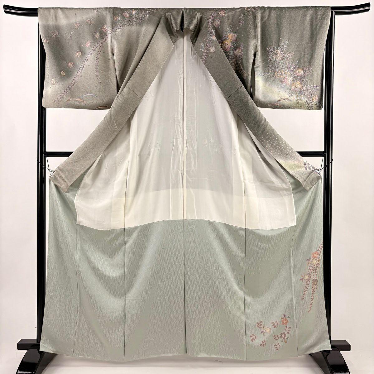 訪問服 身長163.5cm 袖長66cm M 雙層 辻花染 金彩裝飾 漸層 灰綠 純蠶絲 名品級