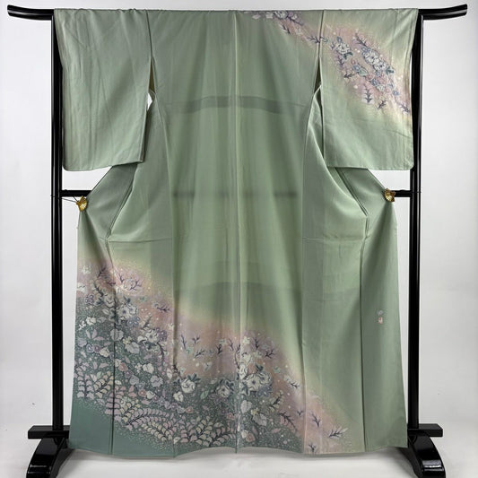 訪問服 身長166cm 袖長66cm M 雙層 落款有 辻花染 染分 漸層 淺綠 純蠶絲 名品級