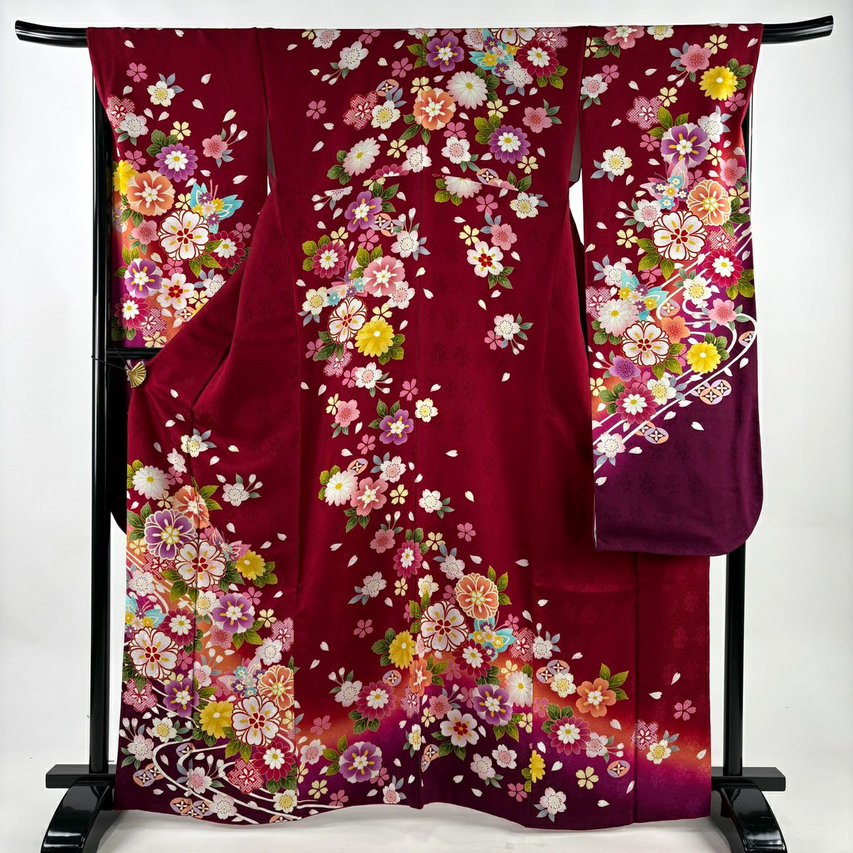 【美品】振袖禮服 身長166cm 袖長68cm L 雙層 草花紋紋 七寶紋 金糸 金銀彩 紅 純蠶絲 名品級