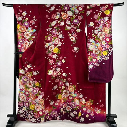 【美品】振袖禮服 身長166cm 袖長68cm L 雙層 草花紋紋 七寶紋 金糸 金銀彩 紅 純蠶絲 名品級