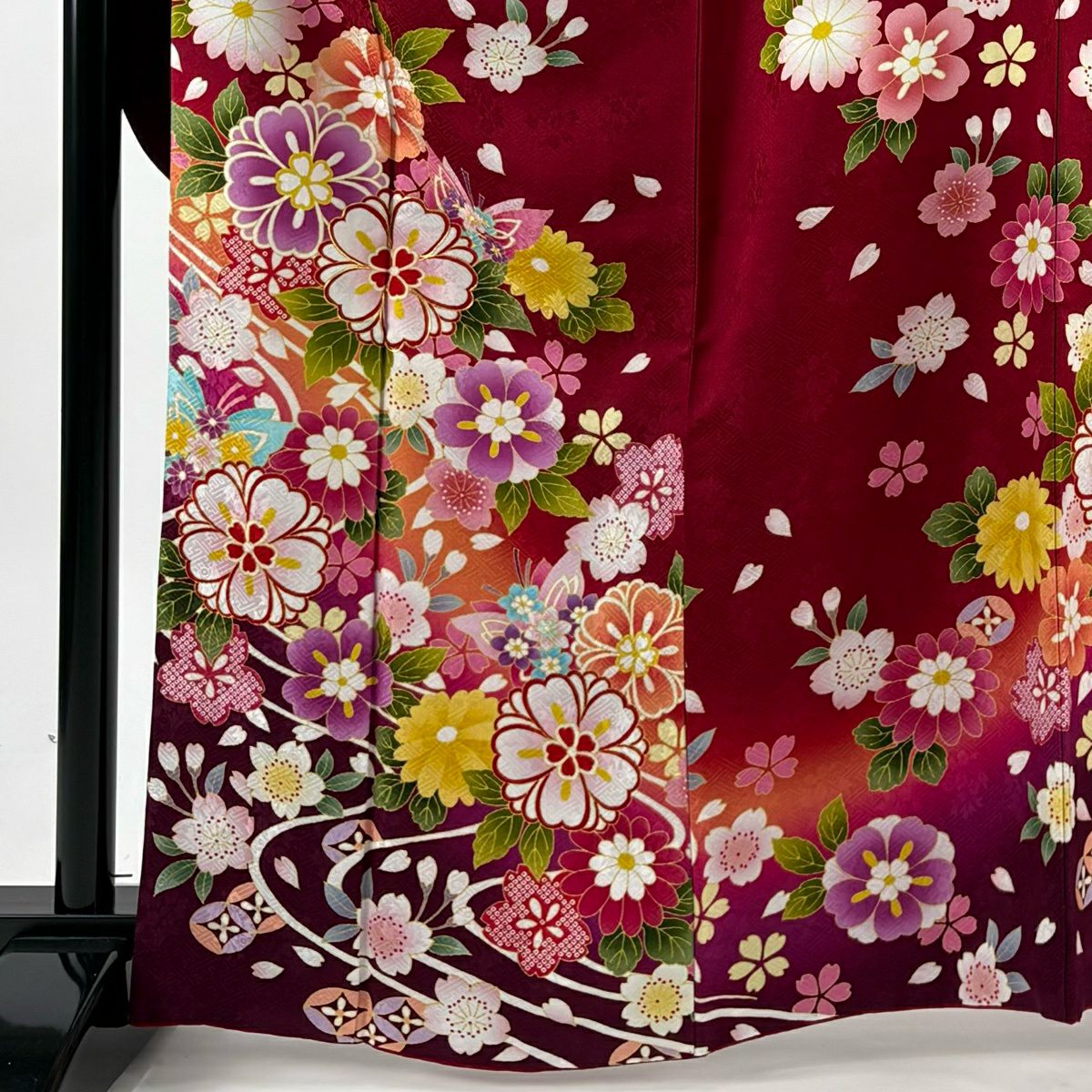 【美品】振袖禮服 身長166cm 袖長68cm L 雙層 草花紋紋 七寶紋 金糸 金銀彩 紅 純蠶絲 名品級