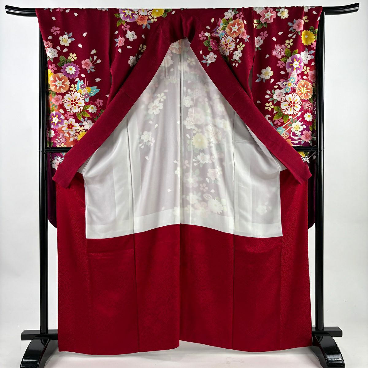 【美品】振袖禮服 身長166cm 袖長68cm L 雙層 草花紋紋 七寶紋 金糸 金銀彩 紅 純蠶絲 名品級