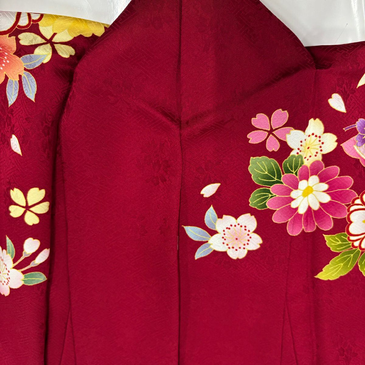 【美品】振袖禮服 身長166cm 袖長68cm L 雙層 草花紋紋 七寶紋 金糸 金銀彩 紅 純蠶絲 名品級