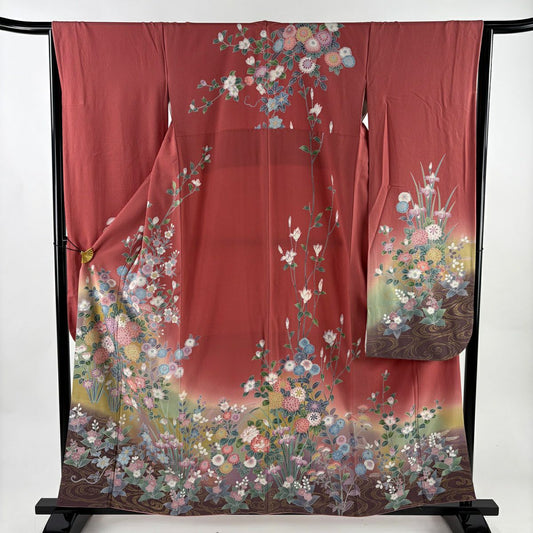 【美品】振袖禮服 身長158.5cm 袖長65.5cm M 雙層 草花紋紋 流水 金銀彩 漸層 粉紅 純蠶絲 名品級
