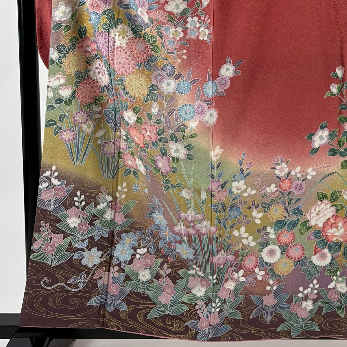 【美品】振袖禮服 身長158.5cm 袖長65.5cm M 雙層 草花紋紋 流水 金銀彩 漸層 粉紅 純蠶絲 名品級