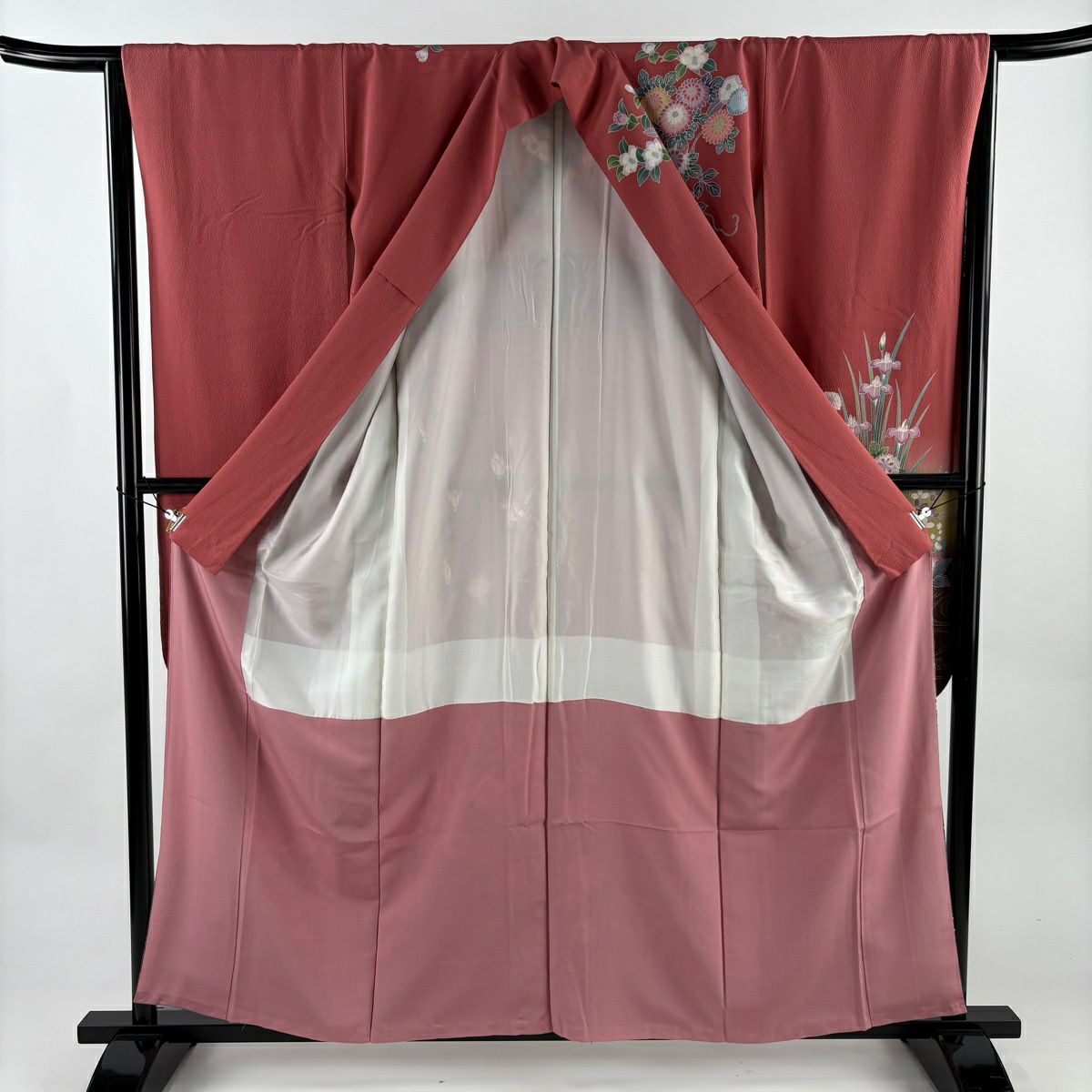 【美品】振袖禮服 身長158.5cm 袖長65.5cm M 雙層 草花紋紋 流水 金銀彩 漸層 粉紅 純蠶絲 名品級