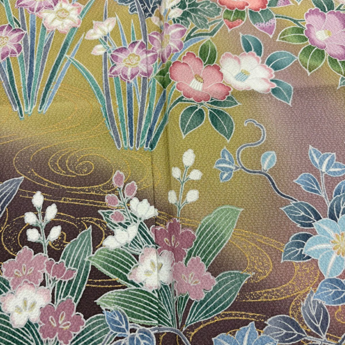 【美品】振袖禮服 身長158.5cm 袖長65.5cm M 雙層 草花紋紋 流水 金銀彩 漸層 粉紅 純蠶絲 名品級