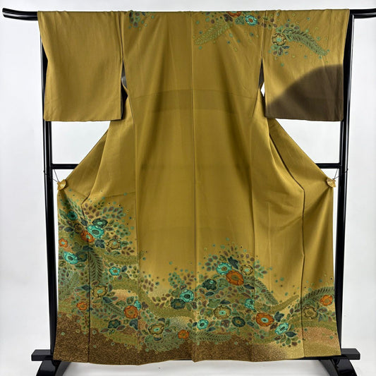 【美品】訪問服 身長162cm 袖長67cm M 雙層 草花紋紋 漸層 山吹茶 純蠶絲 名品級