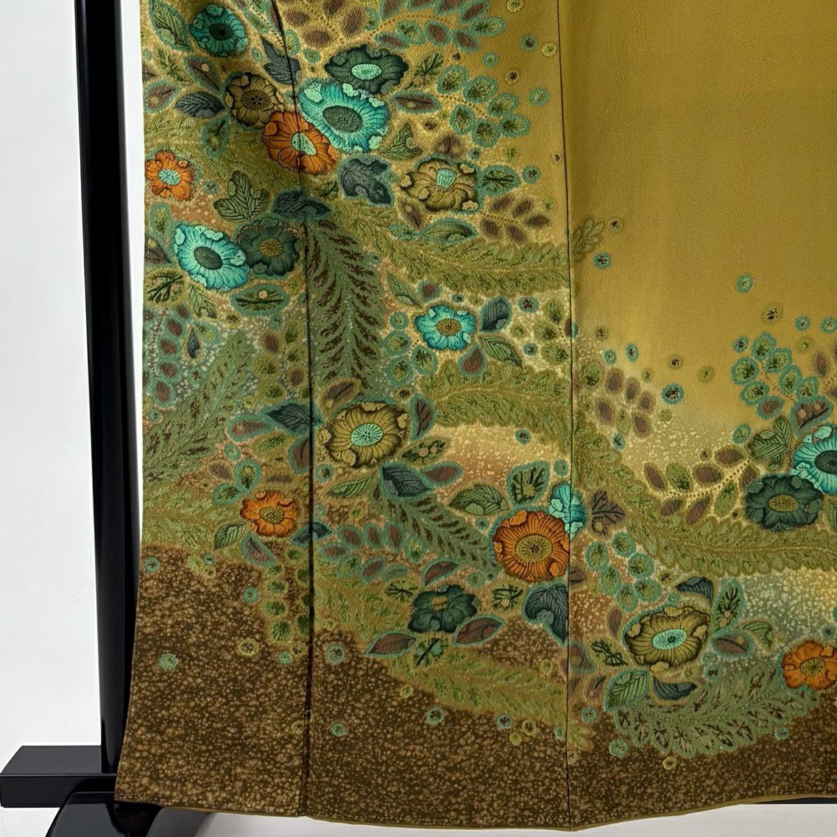 【美品】訪問服 身長162cm 袖長67cm M 雙層 草花紋紋 漸層 山吹茶 純蠶絲 名品級