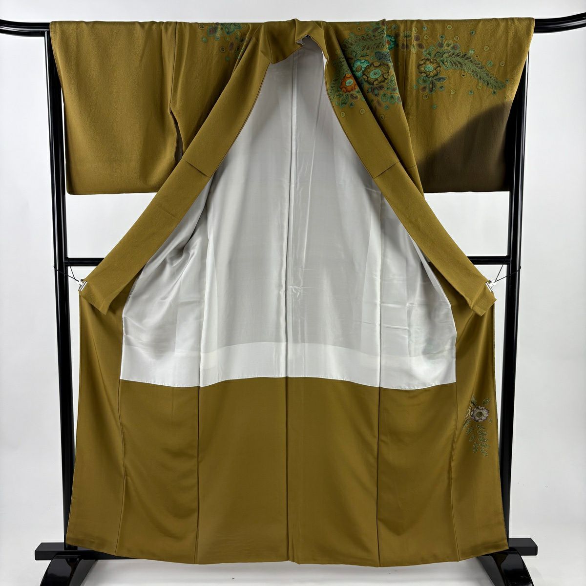 【美品】訪問服 身長162cm 袖長67cm M 雙層 草花紋紋 漸層 山吹茶 純蠶絲 名品級