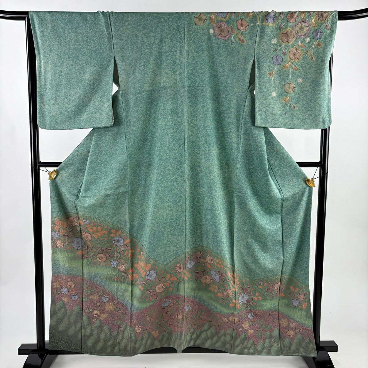 訪問服 身長159cm 袖長66cm M 雙層 辻花染圖案 漸層 絞染 綠 純蠶絲 名品級