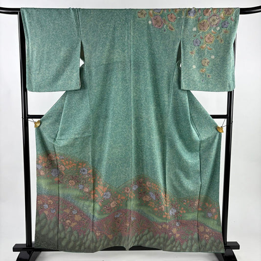 訪問服 身長159cm 袖長66cm M 雙層 辻花染圖案 漸層 絞染 綠 純蠶絲 名品級