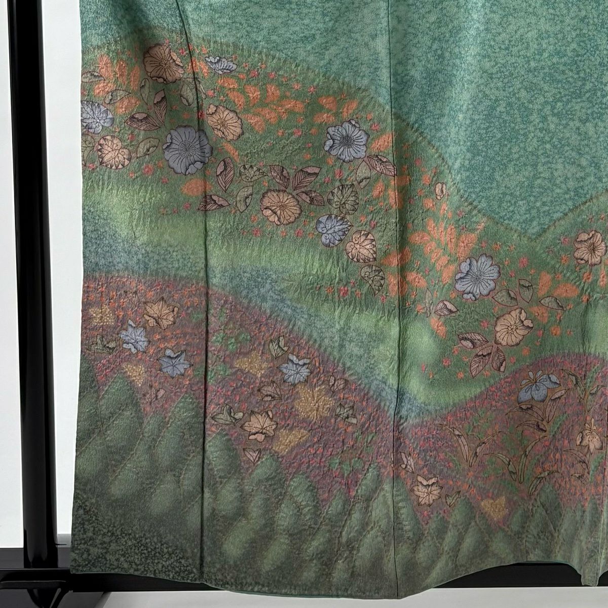 訪問服 身長159cm 袖長66cm M 雙層 辻花染圖案 漸層 絞染 綠 純蠶絲 名品級