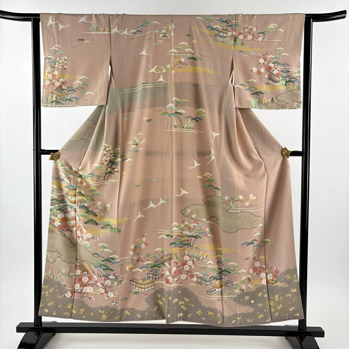 【美品】訪問服 身長153cm 袖長62.5cm S 雙層 松樹竹子梅花 建物 金絲 金銀彩 粉米色 純蠶絲 名品級