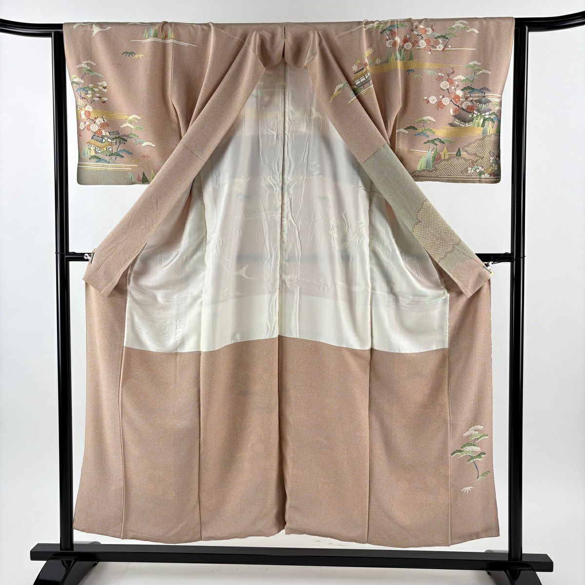 【美品】訪問服 身長153cm 袖長62.5cm S 雙層 松樹竹子梅花 建物 金絲 金銀彩 粉米色 純蠶絲 名品級