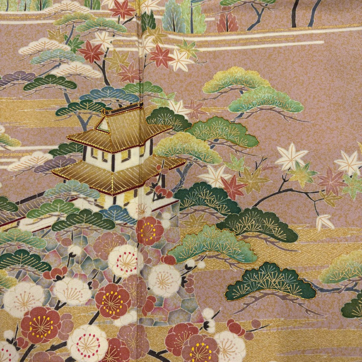 【美品】訪問服 身長153cm 袖長62.5cm S 雙層 松樹竹子梅花 建物 金絲 金銀彩 粉米色 純蠶絲 名品級