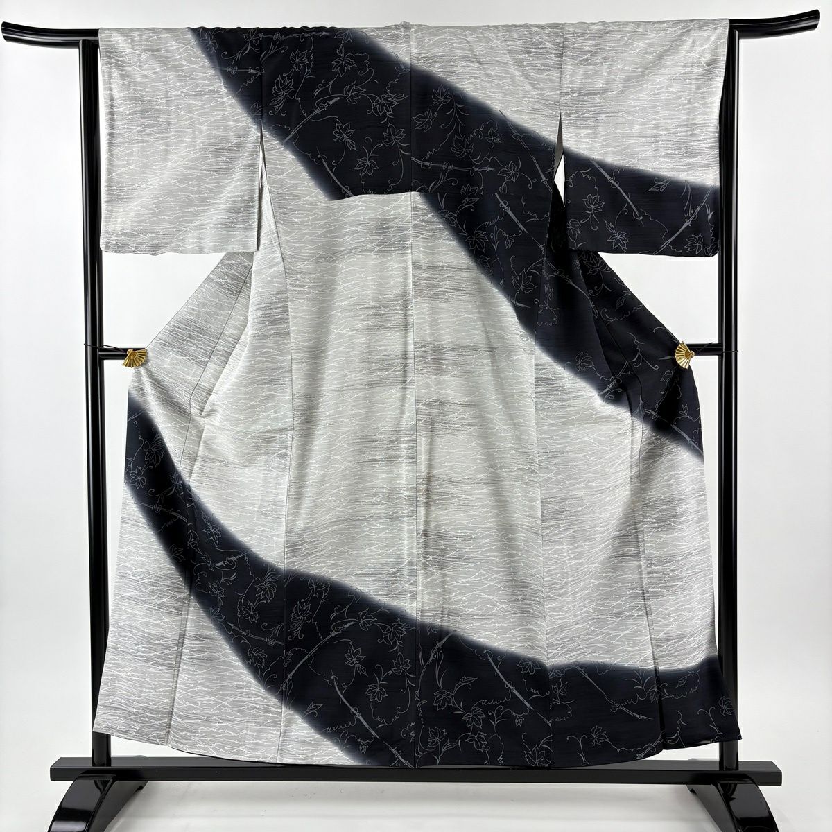 【美品】 付下 身長155.5cm 袖長64cm M 雙層 松樹葉葉 漸層 灰白 純蠶絲 名品級