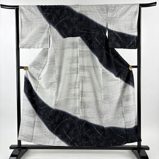 【美品】 付下 身長155.5cm 袖長64cm M 雙層 松樹葉葉 漸層 灰白 純蠶絲 名品級