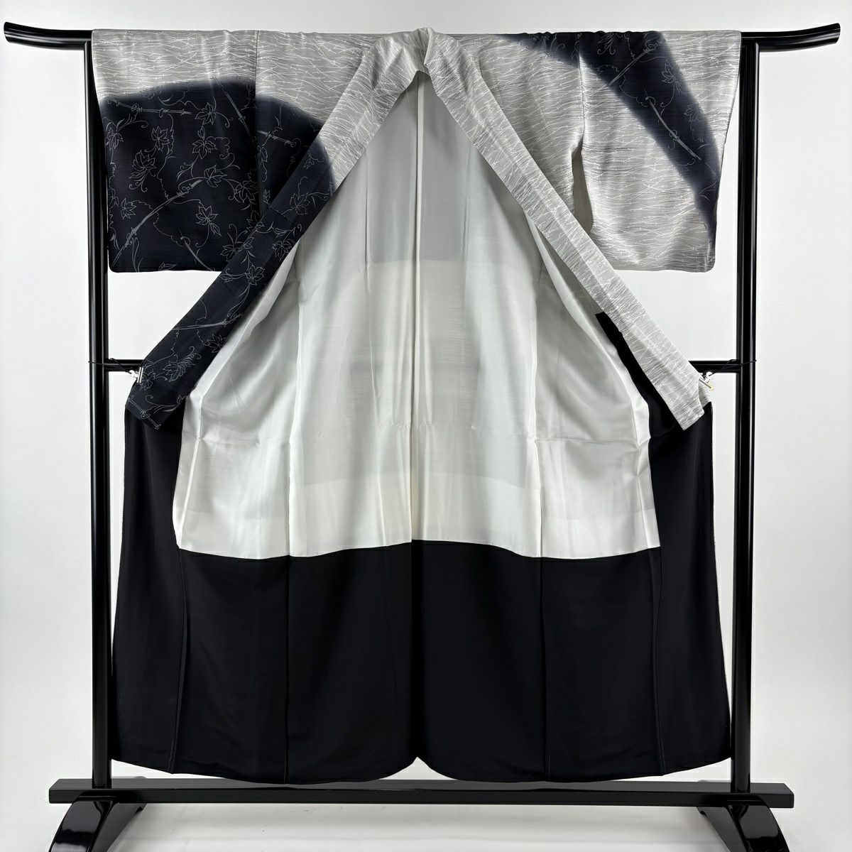 【美品】 付下 身長155.5cm 袖長64cm M 雙層 松樹葉葉 漸層 灰白 純蠶絲 名品級