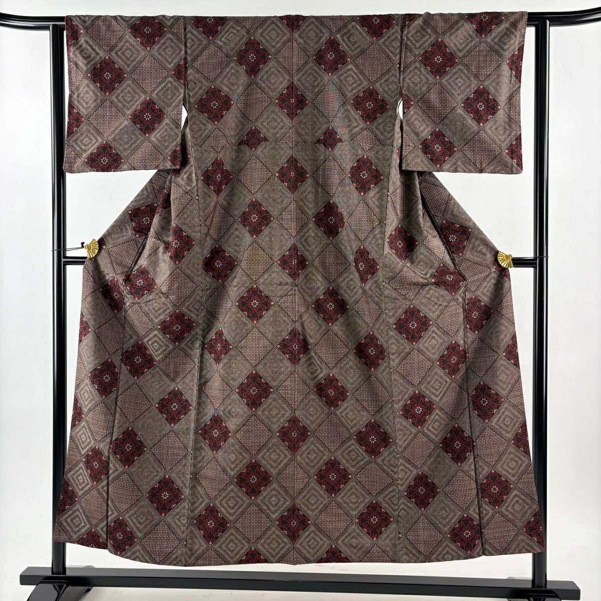 【美品】 紬織 身長153cm 袖長62cm S 雙層 菱花 焦茶 純蠶絲 名品級