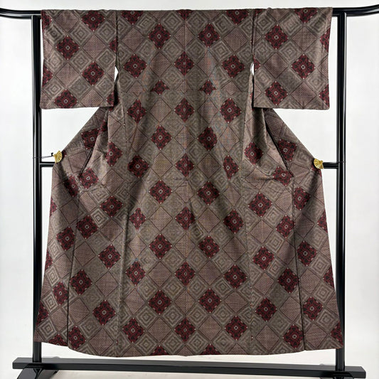 【美品】 紬織 身長153cm 袖長62cm S 雙層 菱花 焦茶 純蠶絲 名品級