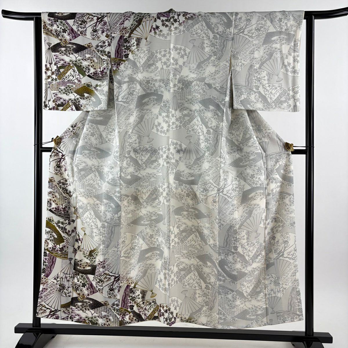 【美品】 付下 身長153.5cm 袖長63cm S 雙層 扇子 松樹梅花 漸層 灰白 純蠶絲 名品級
