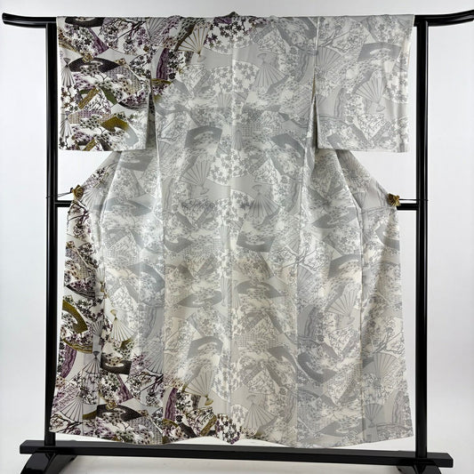 【美品】 付下 身長153.5cm 袖長63cm S 雙層 扇子 松樹梅花 漸層 灰白 純蠶絲 名品級