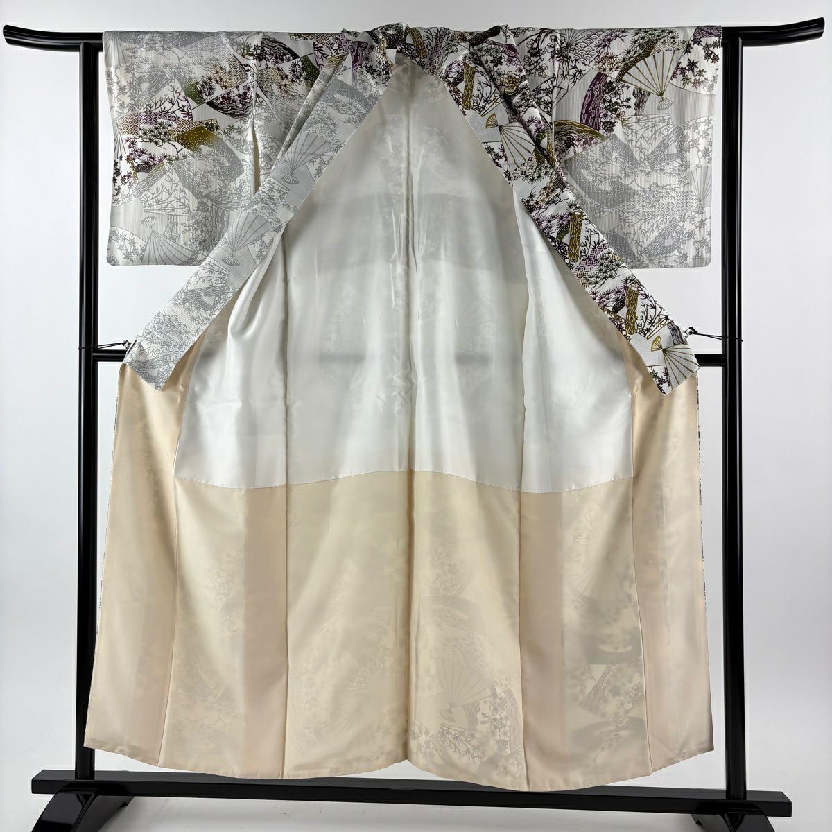 【美品】 付下 身長153.5cm 袖長63cm S 雙層 扇子 松樹梅花 漸層 灰白 純蠶絲 名品級