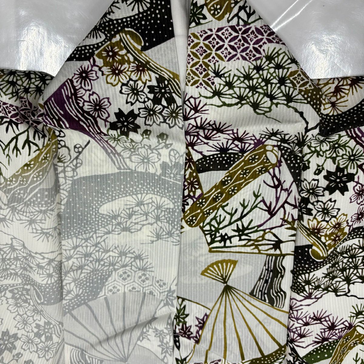 【美品】 付下 身長153.5cm 袖長63cm S 雙層 扇子 松樹梅花 漸層 灰白 純蠶絲 名品級
