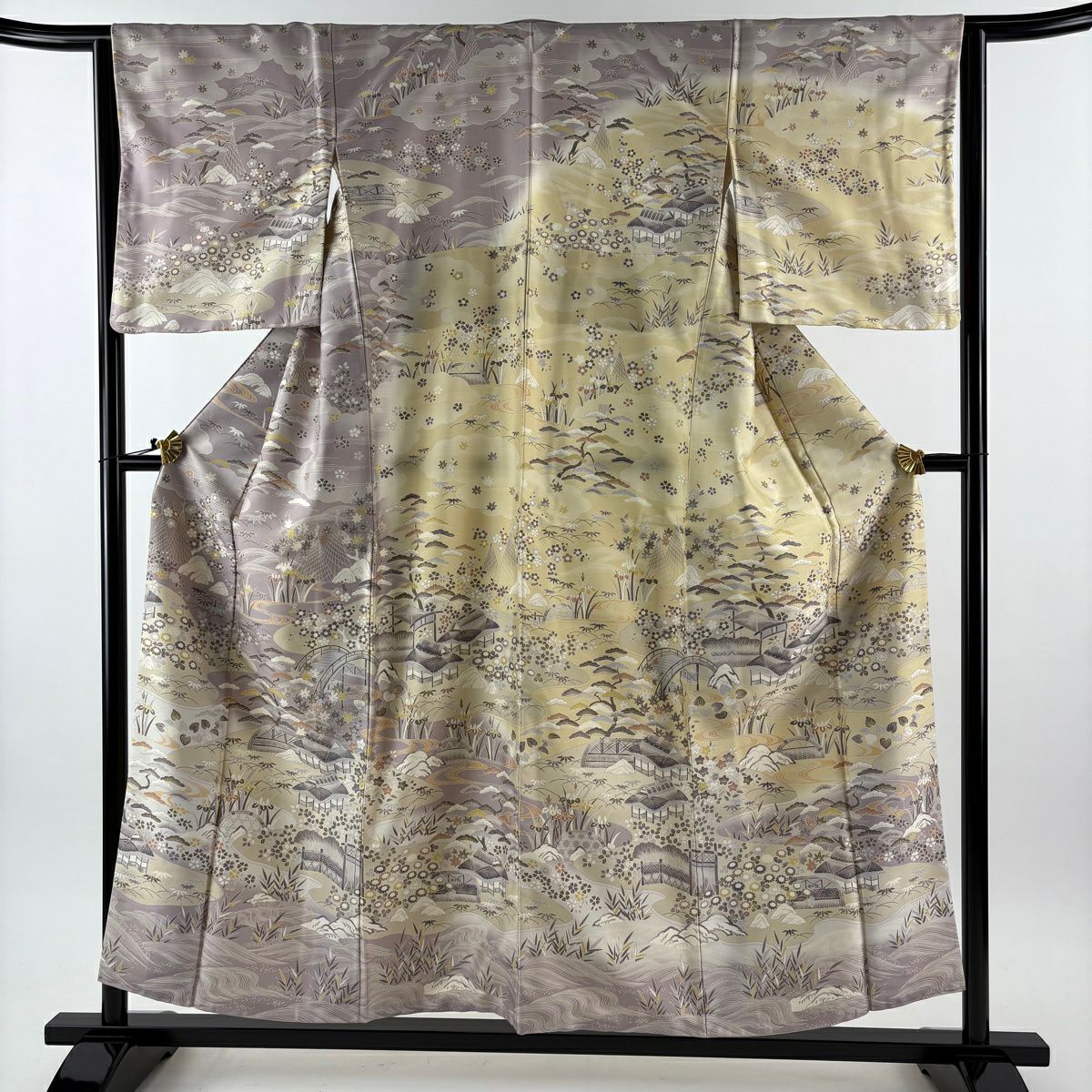 訪問服 身長155.5cm 袖長64cm M 雙層 紬織織 松樹竹子梅花 家屋 灰紫 純蠶絲 名品級