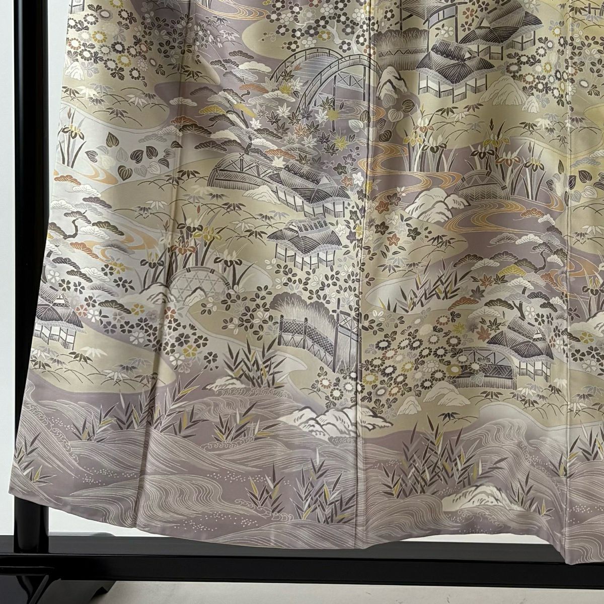 訪問服 身長155.5cm 袖長64cm M 雙層 紬織織 松樹竹子梅花 家屋 灰紫 純蠶絲 名品級