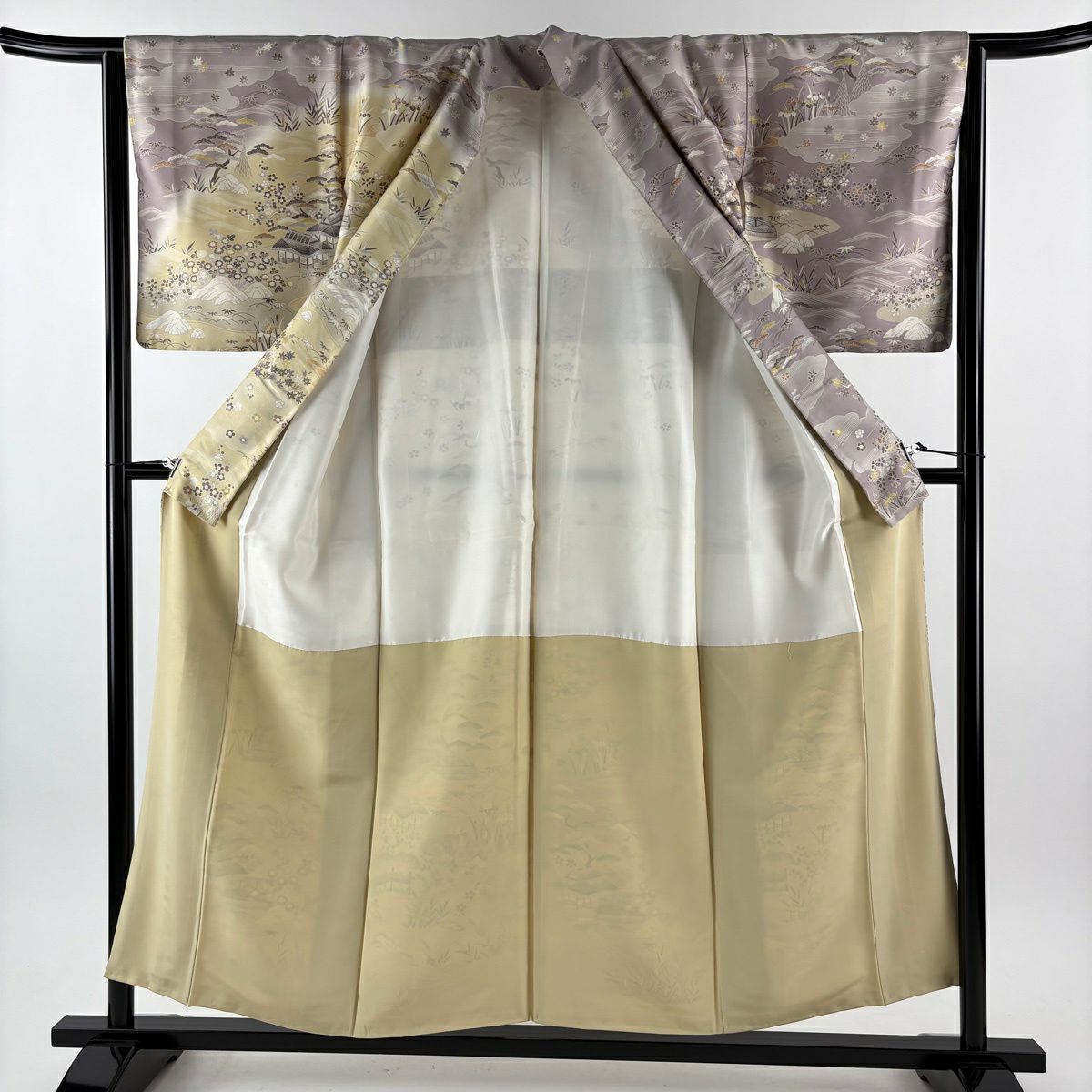 訪問服 身長155.5cm 袖長64cm M 雙層 紬織織 松樹竹子梅花 家屋 灰紫 純蠶絲 名品級