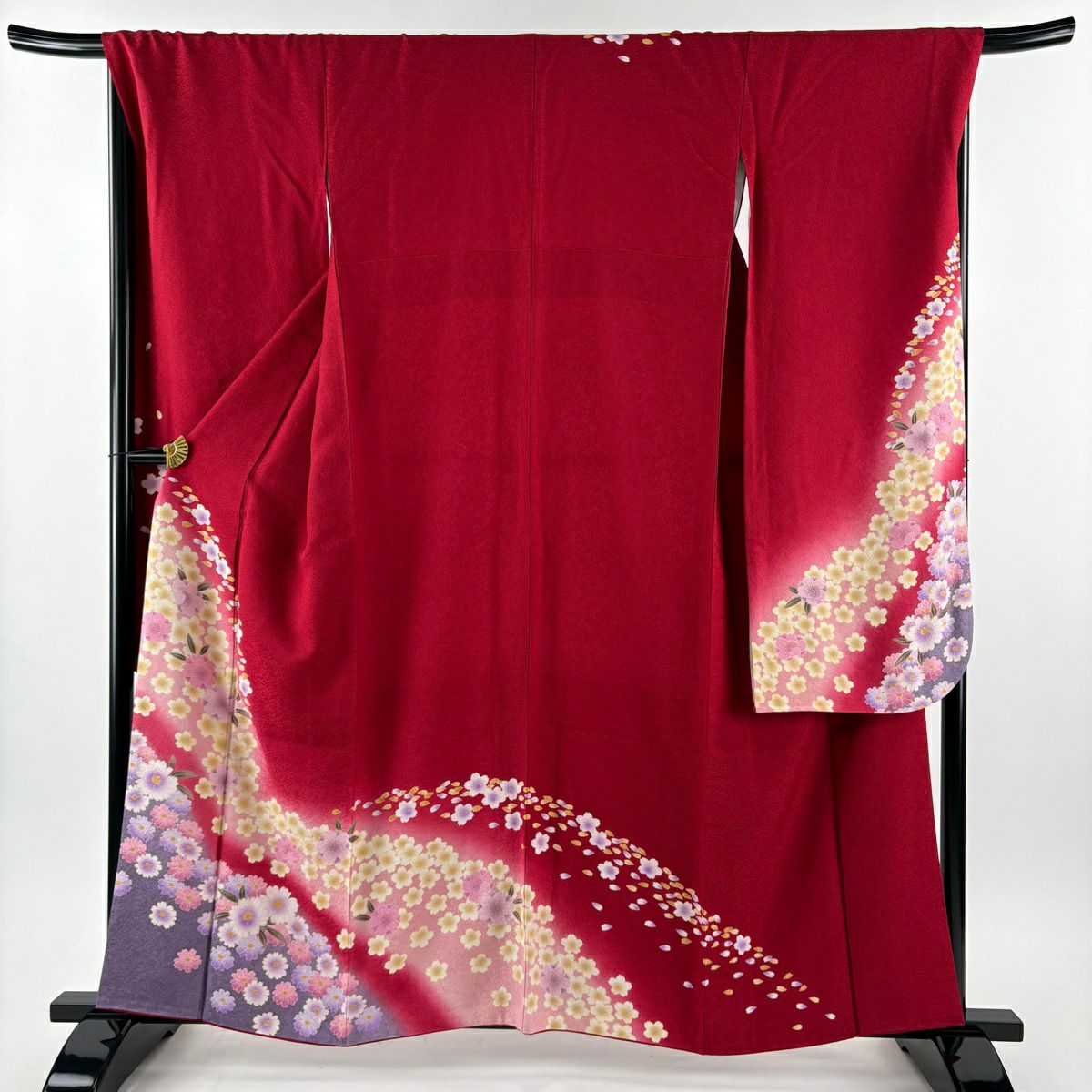 振袖禮服 身長159cm 袖長68.5cm L 雙層 櫻花花瓣 金彩裝飾 紅 純蠶絲 名品級