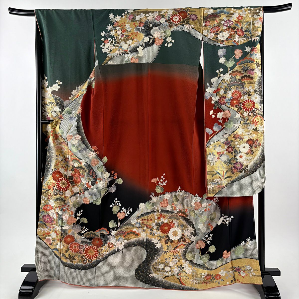 振袖禮服 身長166cm 袖長66.5cm M 雙層 松樹竹子梅花 菊花 金銀彩 漸層 紅茶 純蠶絲 名品級