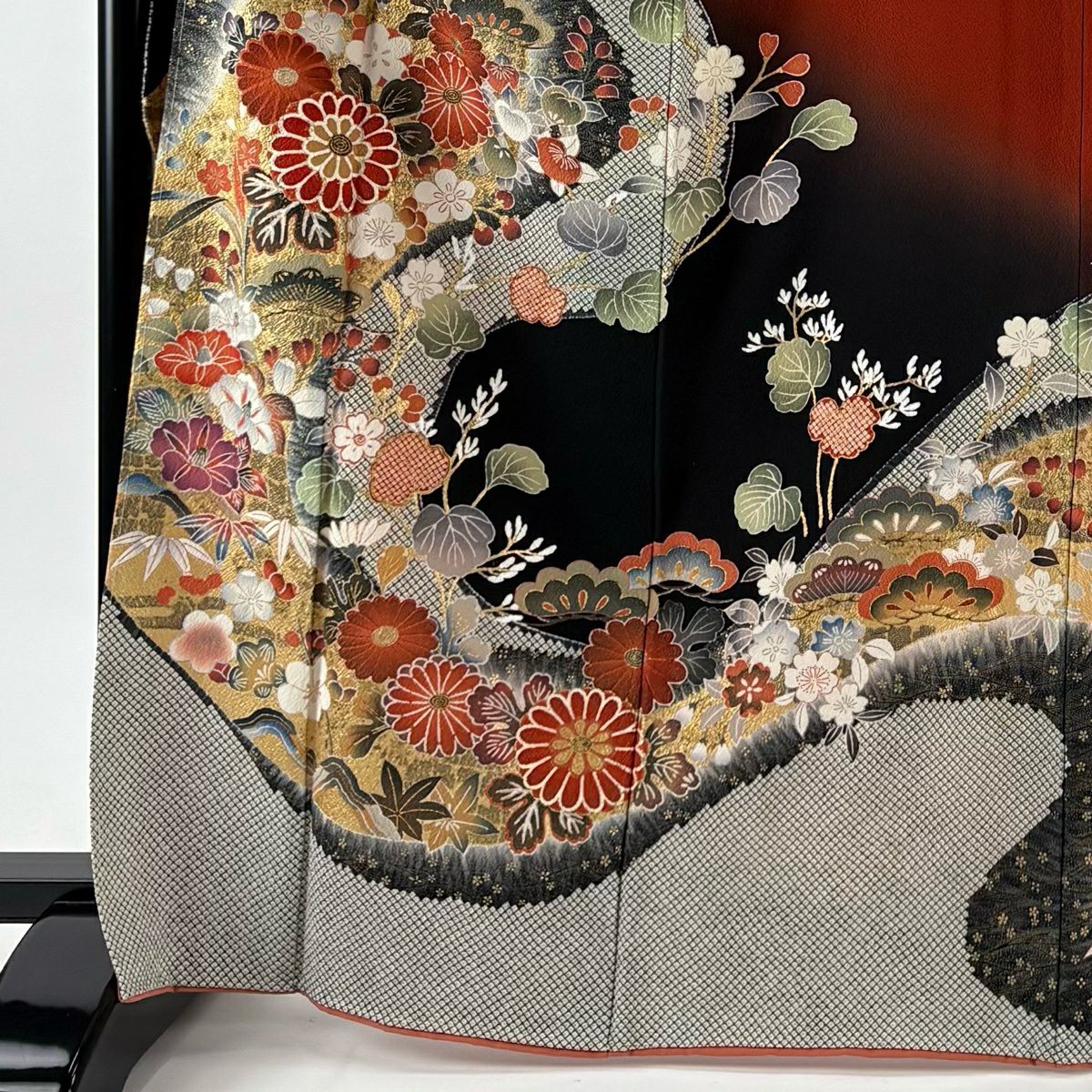 振袖禮服 身長166cm 袖長66.5cm M 雙層 松樹竹子梅花 菊花 金銀彩 漸層 紅茶 純蠶絲 名品級