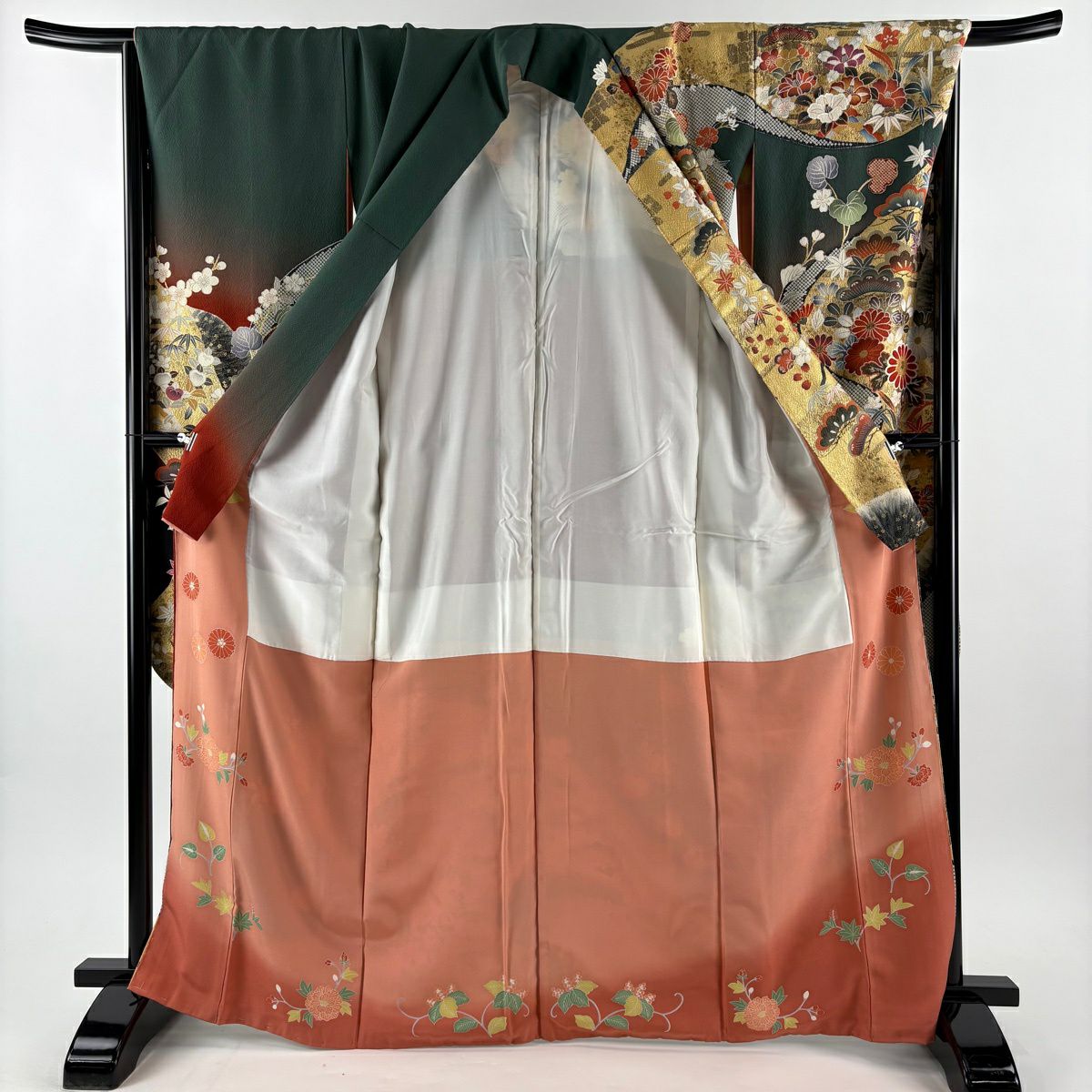 振袖禮服 身長166cm 袖長66.5cm M 雙層 松樹竹子梅花 菊花 金銀彩 漸層 紅茶 純蠶絲 名品級