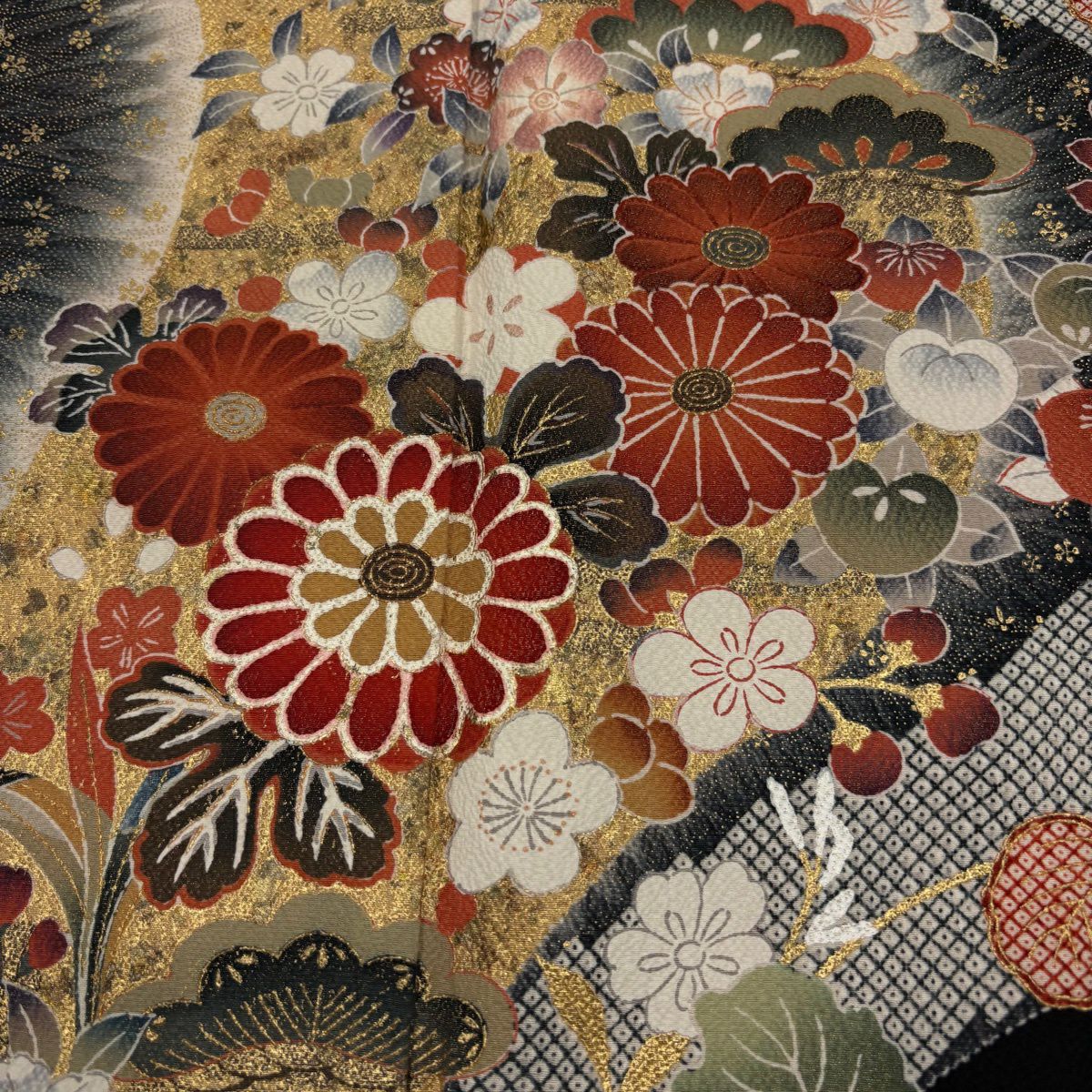 振袖禮服 身長166cm 袖長66.5cm M 雙層 松樹竹子梅花 菊花 金銀彩 漸層 紅茶 純蠶絲 名品級