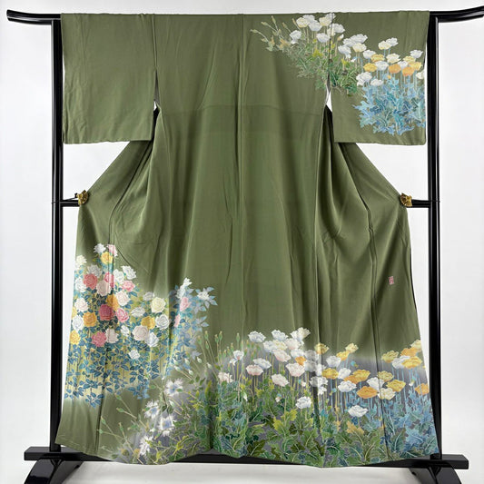 訪問服 身長157cm 袖長64.5cm M 雙層 落款あり 薔薇 草花紋紋 染分 ぼかし 灰綠 純蠶絲 名品級