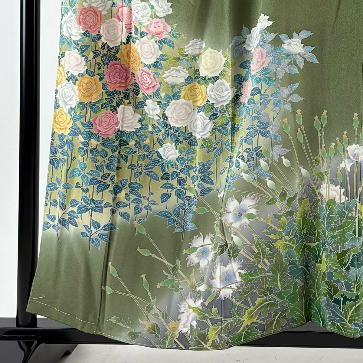訪問服 身長157cm 袖長64.5cm M 雙層 落款あり 薔薇 草花紋紋 染分 ぼかし 灰綠 純蠶絲 名品級