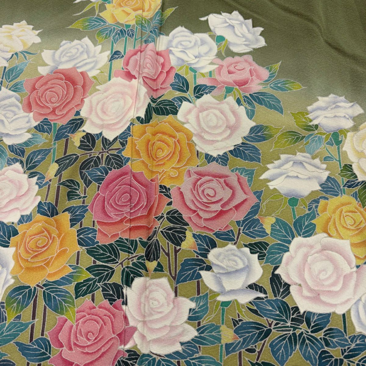 訪問服 身長157cm 袖長64.5cm M 雙層 落款あり 薔薇 草花紋紋 染分 ぼかし 灰綠 純蠶絲 名品級