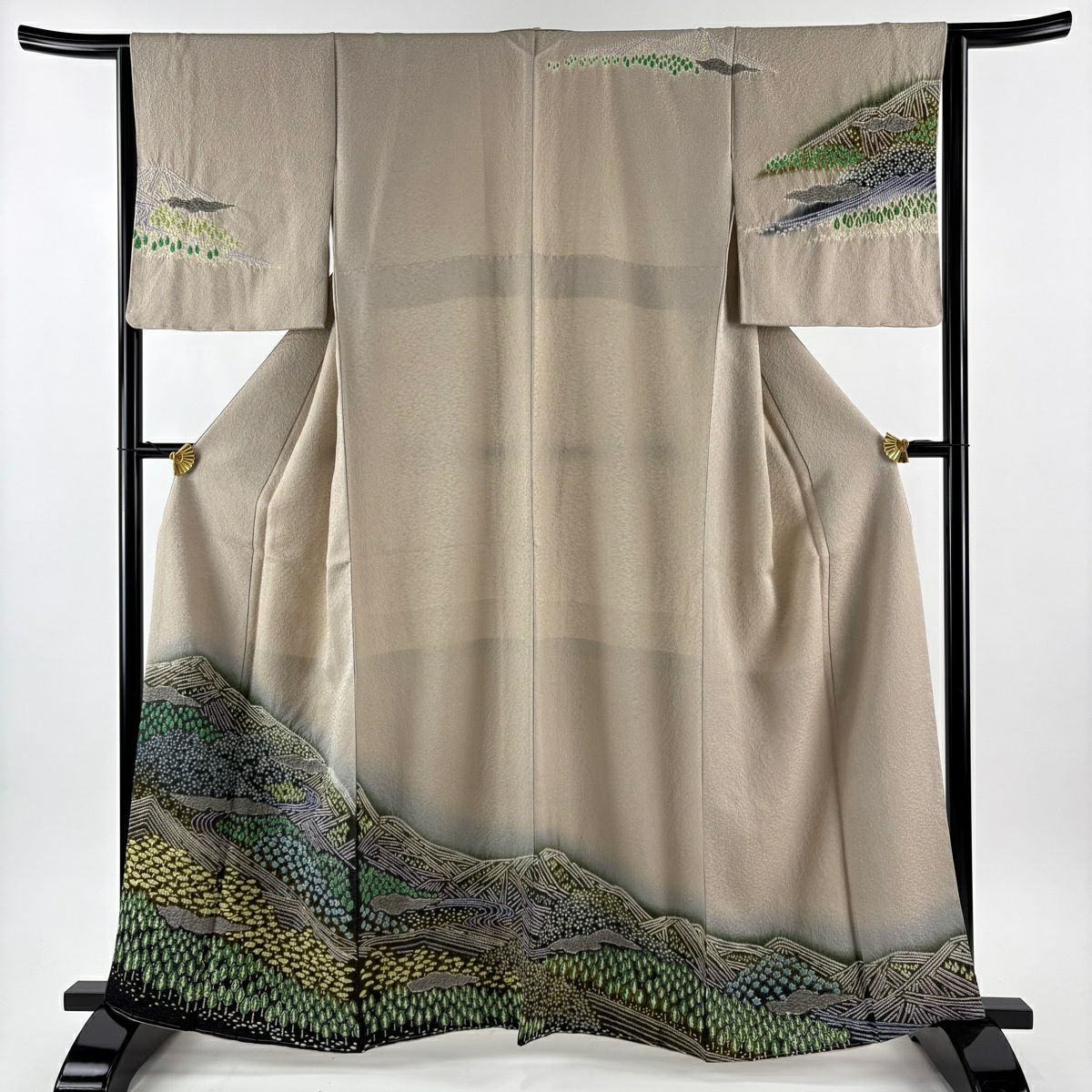 【美品】訪問服 身長162cm 袖長64cm M 雙層 風景 山並 金通し 絞染 淺茶 純蠶絲 名品級