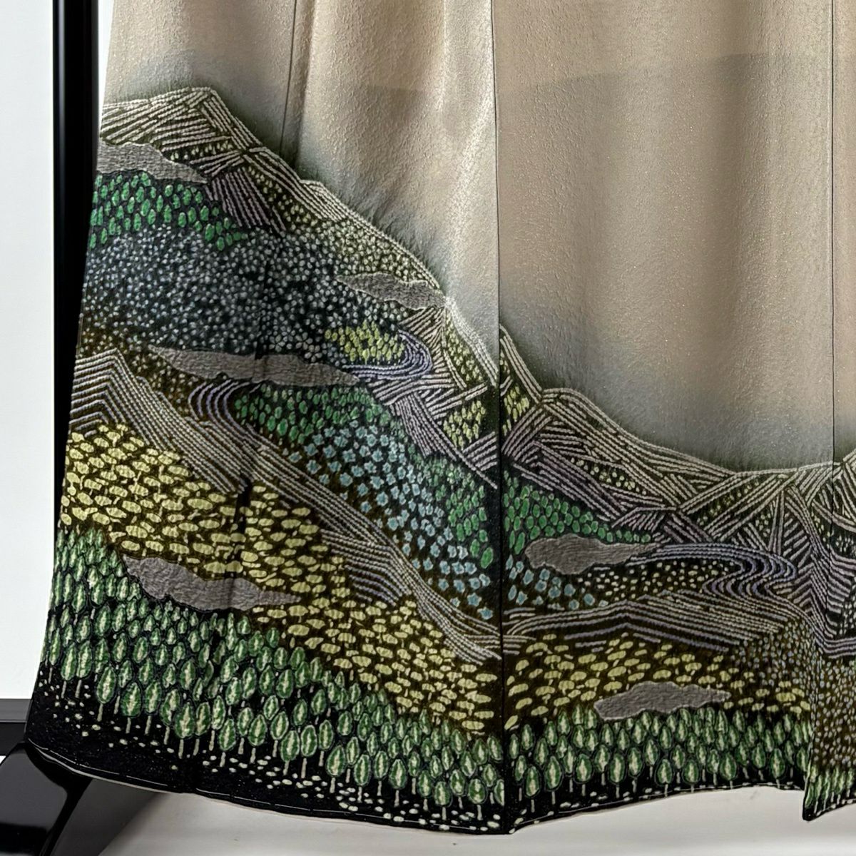 【美品】訪問服 身長162cm 袖長64cm M 雙層 風景 山並 金通し 絞染 淺茶 純蠶絲 名品級